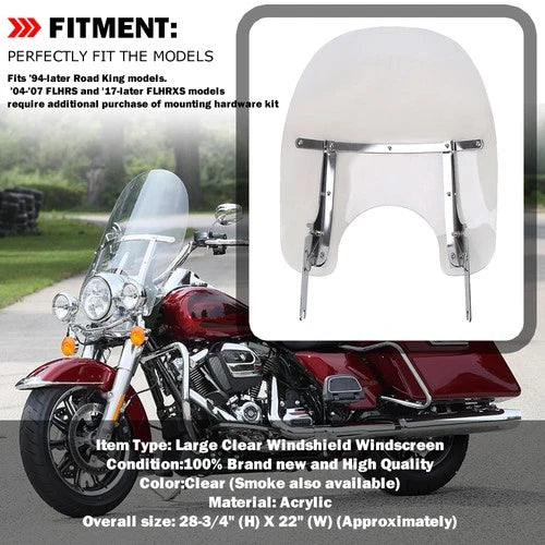 28" Detachable Windshield For Harley Touring Road King CVO 1994-2025 w/ Bracket