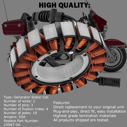 50 Amp 3 phase Stator for 2006-2014 Harley Electra Road Glide FLT-FLH 29987-06A