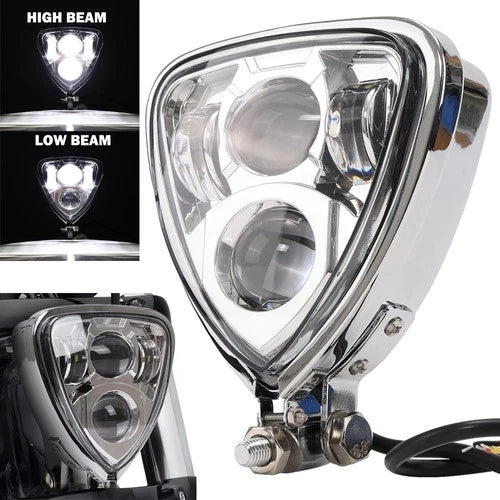 Chrome Motorcycle Triangle LED Headlight Lamp For Harley Sportster Dyna Touring
