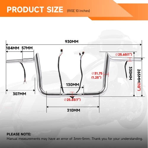 PRE-WIRED 10" Meathook Bar Ape Hangers Handlebars For Harley 2014-2023 FLHX FLHT
