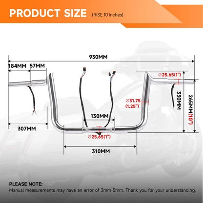 PRE-WIRED 10" Meathook Bar Ape Hangers Handlebars For Harley 2014-2023 FLHX FLHT