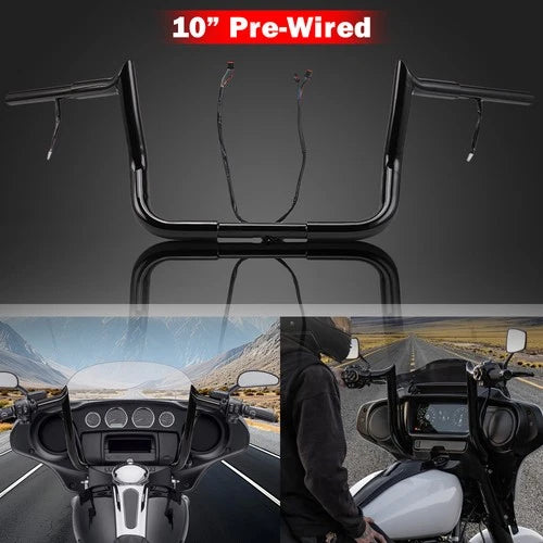 PRE-WIRED 10" Meathook Bar Ape Hangers Handlebars For Harley FLHX FLHT 2014-2023