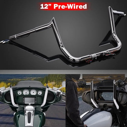 Pre-Wired 12" Rise Meathook Ape Hanger Handlebars For Harley Electra Glide 14-23
