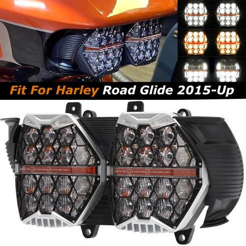 LED Headlight Dual For 2015-2024 Harley Road Glide Clear & Amber Projector Hi/Lo
