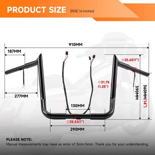 Pre-Wired 14" Rise Meathook Ape Hanger Handlebars For Harley Electra Glide 14-23