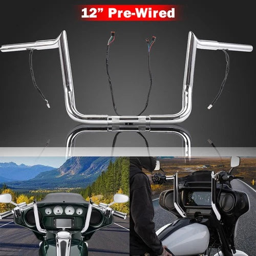Pre-Wired 12" Rise Meathook Ape Hanger Handlebars For Harley Electra Glide 14-23