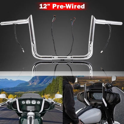 Pre-Wired 12" Rise Meathook Ape Hanger Handlebars For Harley Electra Glide 14-23