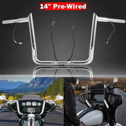 PRE-WIRED 14" Meathook Bar Ape Hangers Handlebars For Harley 2014-2023 FLHX FLHT