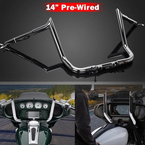 PRE-WIRED 14" Meathook Bar Ape Hangers Handlebars For Harley 2014-2023 FLHX FLHT