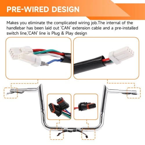 Pre-Wired 12" Rise Meathook Ape Hanger Handlebars For Harley Electra Glide 14-23