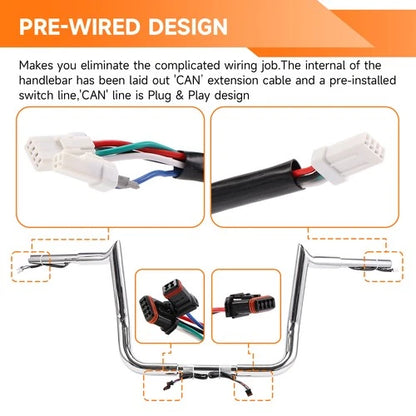 Pre-Wired 12" Rise Meathook Ape Hanger Handlebars For Harley Electra Glide 14-23