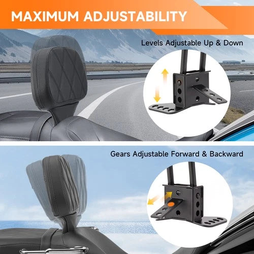 Adjustable Driver & Rider Backrest Pad w/ Mount for Harley Touring Street Glide