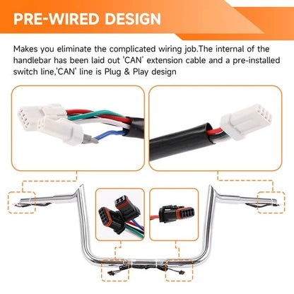 PRE-WIRED 10" Meathook Bar Ape Hangers Handlebars For Harley 2014-2023 FLHX FLHT