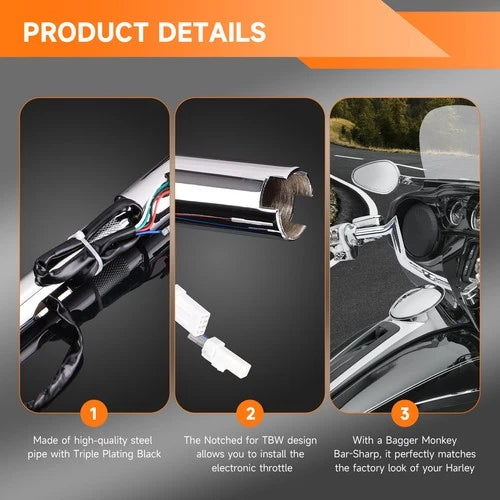 Pre-Wired 12" Rise Meathook Ape Hanger Handlebars For Harley Electra Glide 14-23