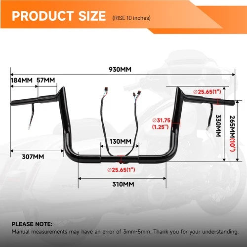 PRE-WIRED 10" Meathook Bar Ape Hangers Handlebars For Harley FLHX FLHT 2014-2023