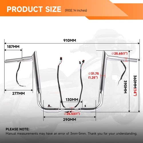 PRE-WIRED 14" Meathook Bar Ape Hangers Handlebars For Harley 2014-2023 FLHX FLHT