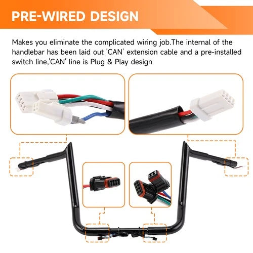 Pre-Wired 14" Rise Meathook Ape Hanger Handlebars For Harley Electra Glide 14-23