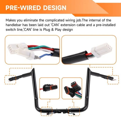 Pre-Wired 14" Rise Meathook Ape Hanger Handlebars For Harley Electra Glide 14-23